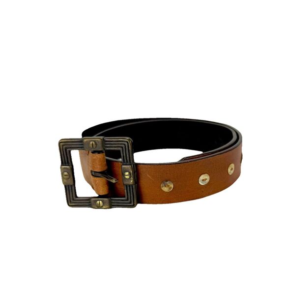 Genuine Brown Leather‎ Belt with Concho Shells & Metal Buckle – Size Small - Picture 1 of 9